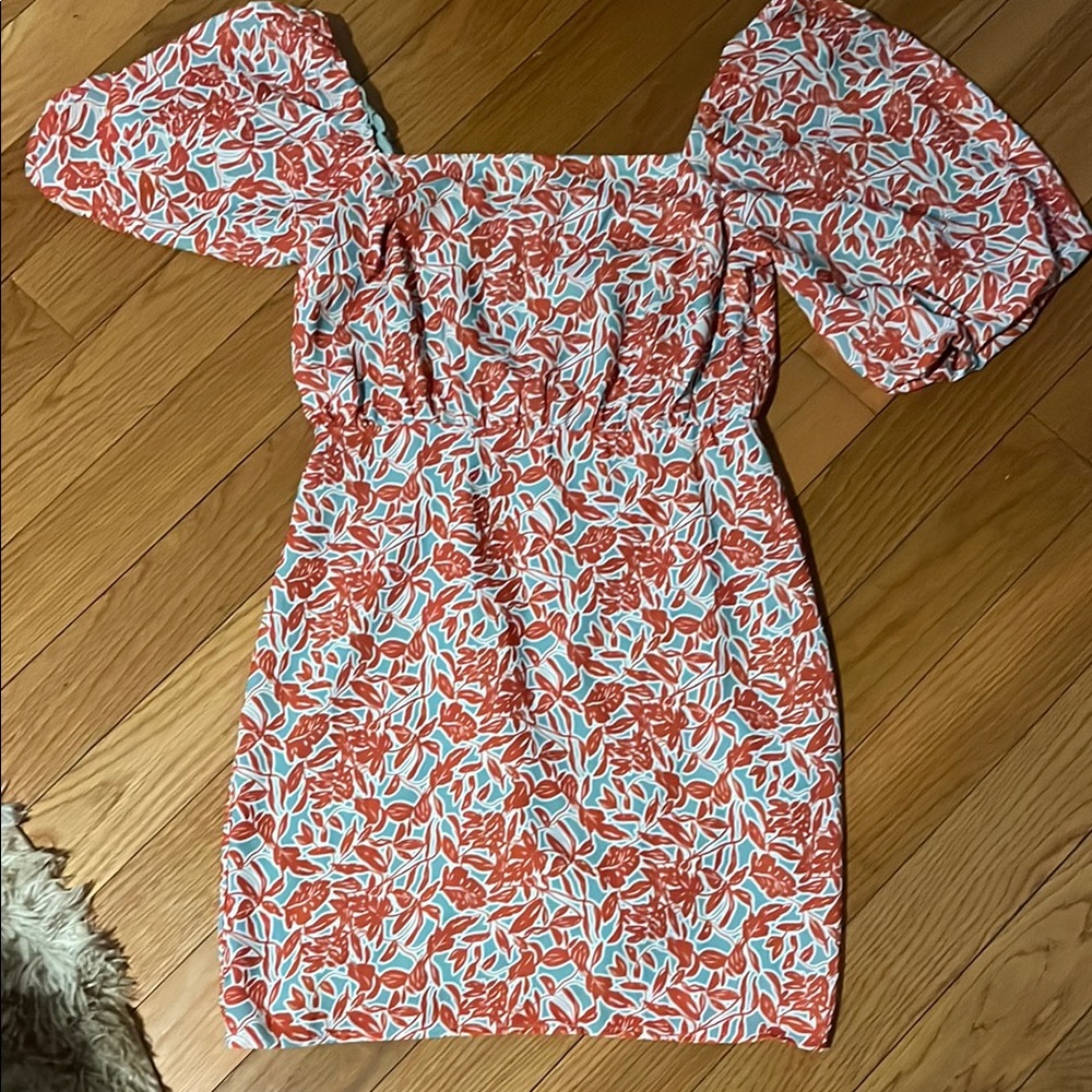 Lucy Paris Orange and White Puff Sleeve Mini Dress